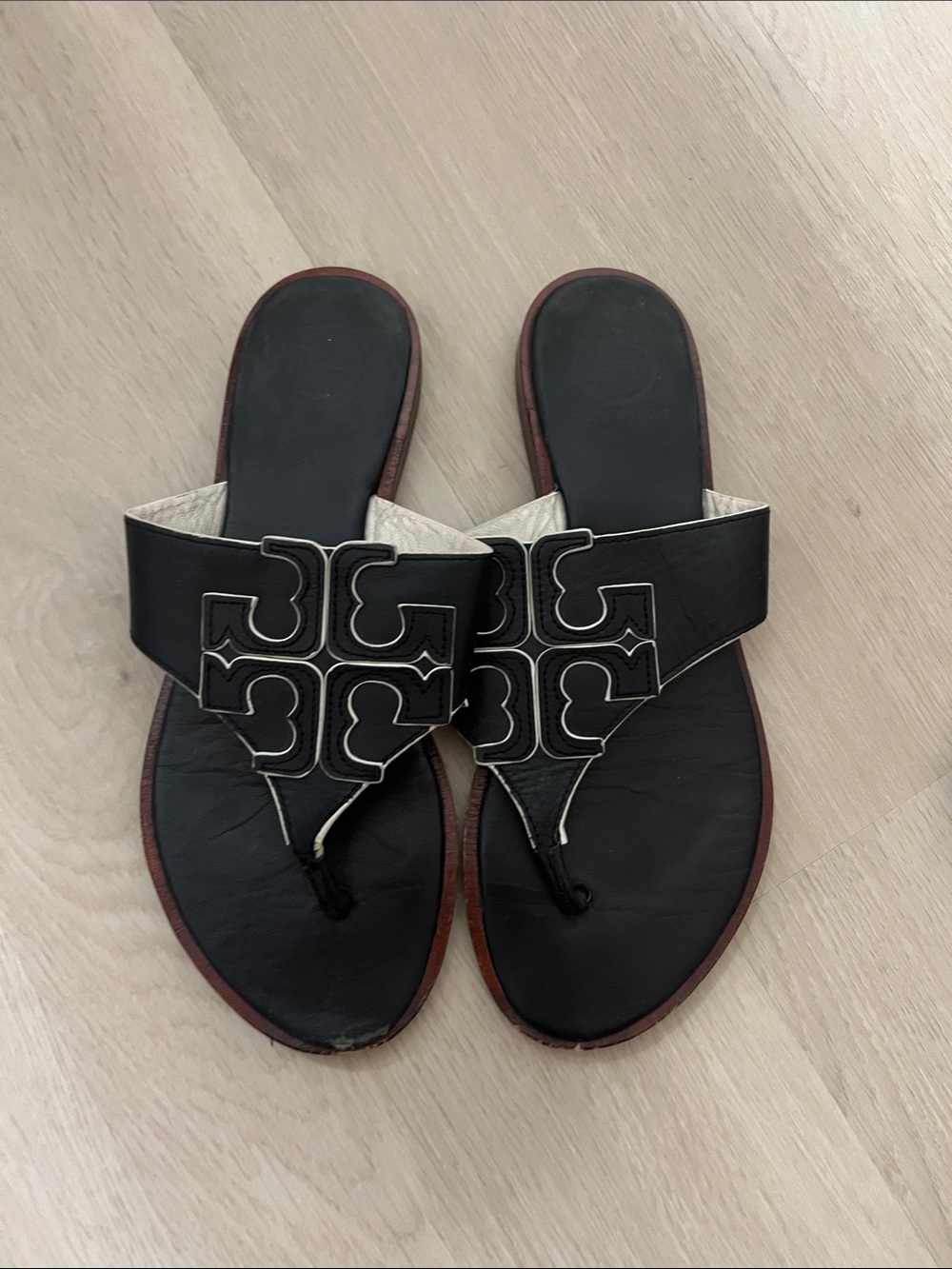 Tory Burch Black Leather Logo Toe-Post Sandals